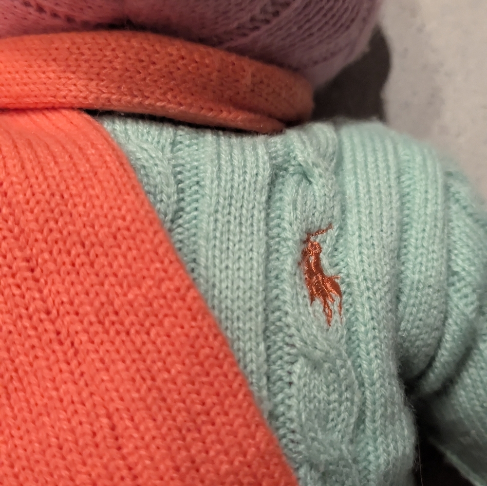 VTG 2004 Ralph Lauren Pink Cable Knit Polo Bear Teal Sweater - Picture 5 of 9